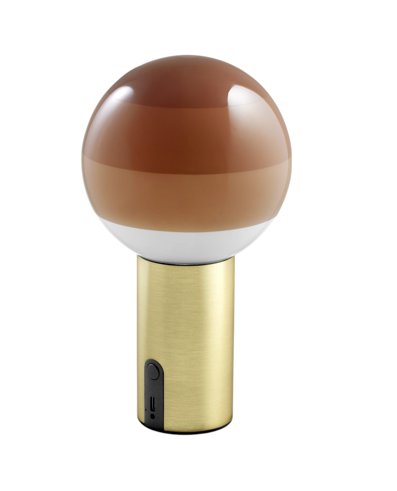 Marset Dipping Light Portable: Akkuleuchte mit braun-weißem Glasschirm und goldenem Sockel.