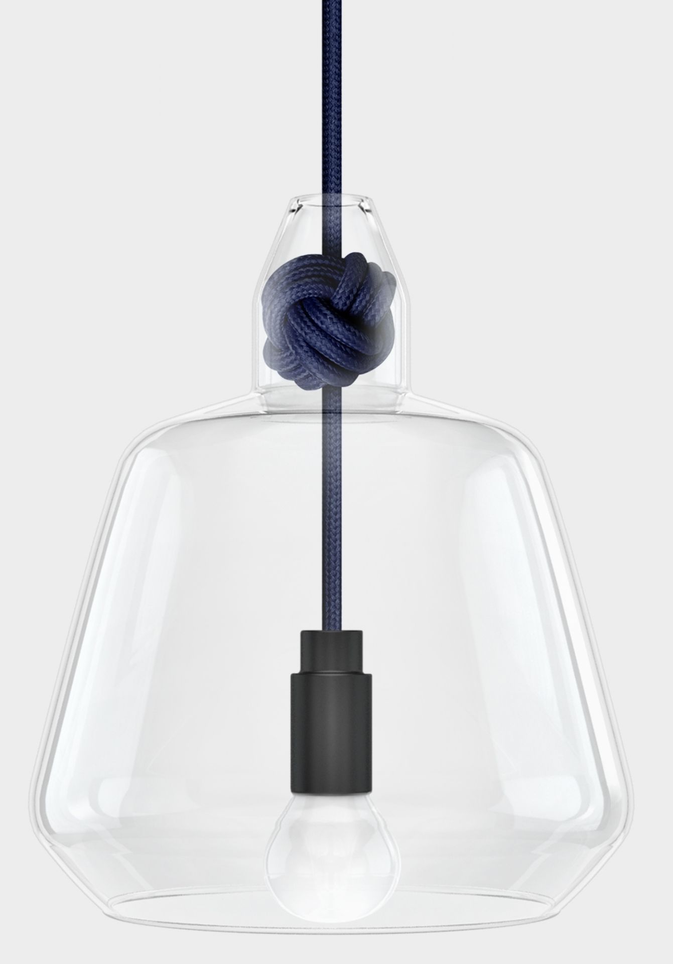Knot Lamp Pendelleuchte mit großem Glasschirm und blauem Textilkabel. Moderne Hängelampe für Wohnzimmer.
