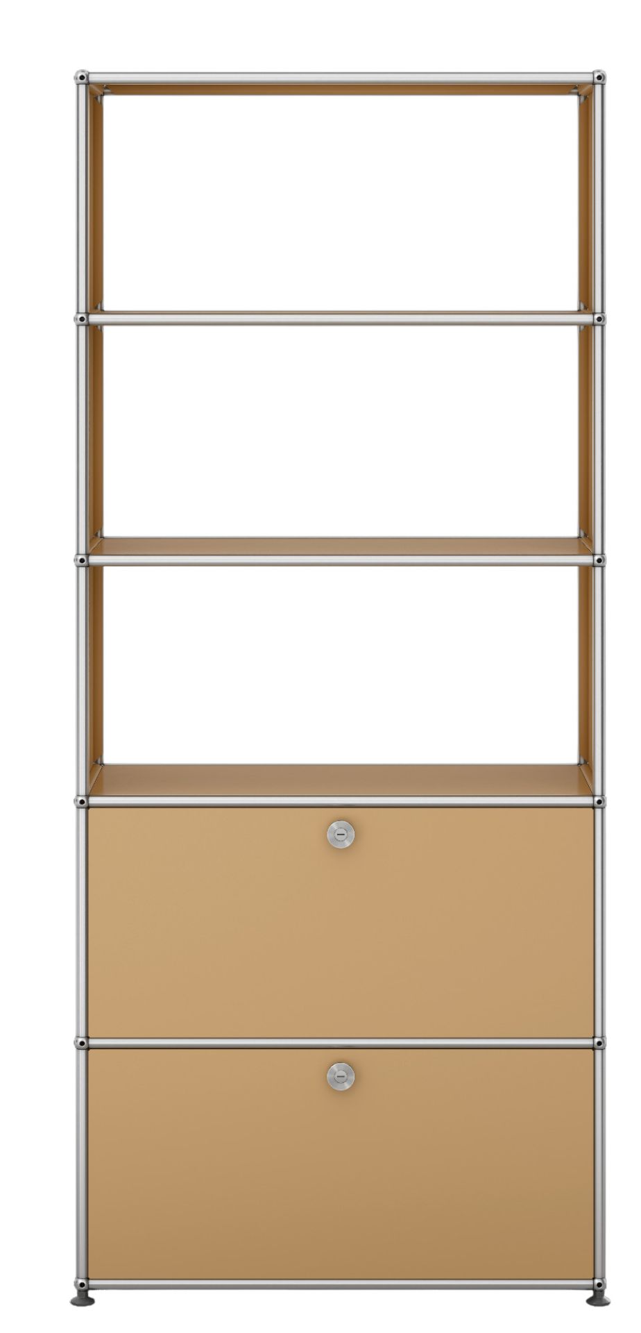 Beiges USM Haller Regal mit zwei Klappen und verchromtem Stahlrohr-Gestell für modernes Wohnen.