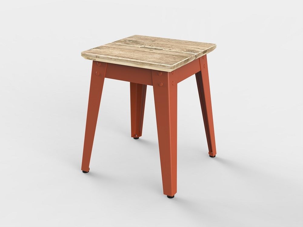 6Grad Outdoorhocker in Rotorange mit roher Bauholz-Sitzfläche, ideal für Garten und Terrasse.