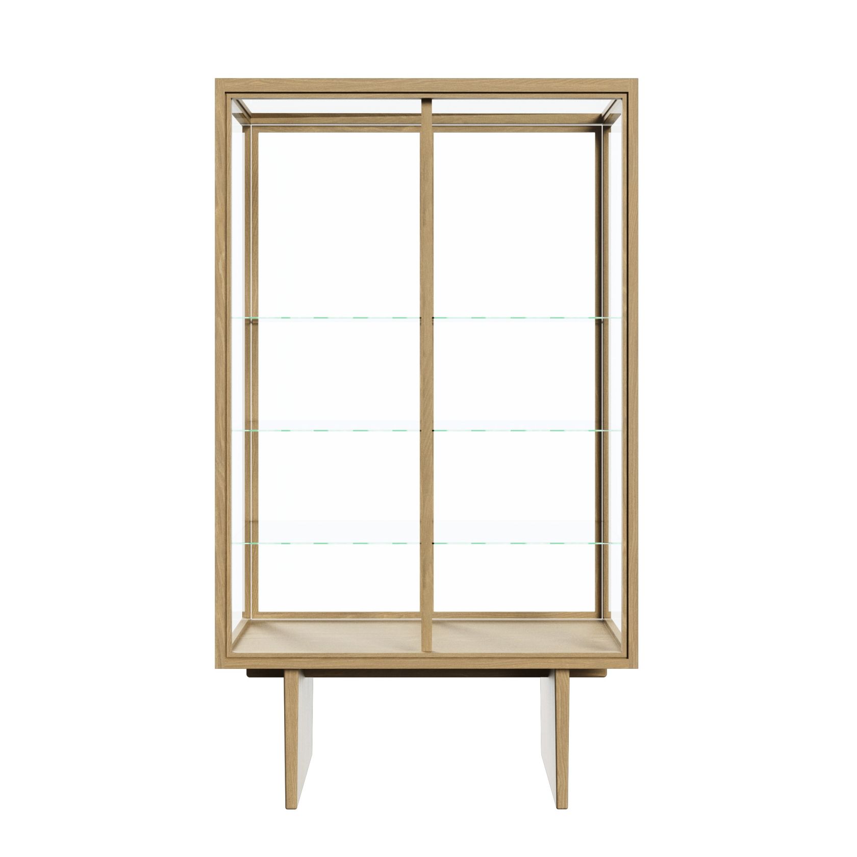 Helle Eichenholz Vitrine mit Glasböden, ideal zur Aufbewahrung und Präsentation von Sammlerstücken.