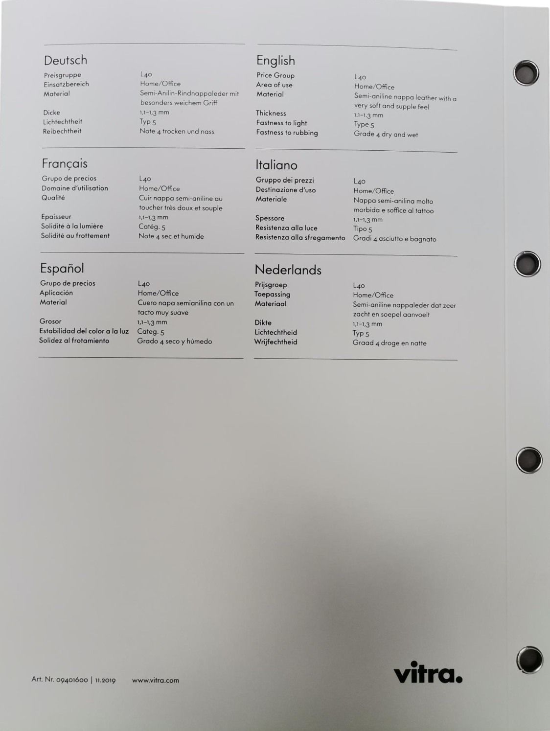 Ledermusterkarte Leder Premium / Premium F Vitra