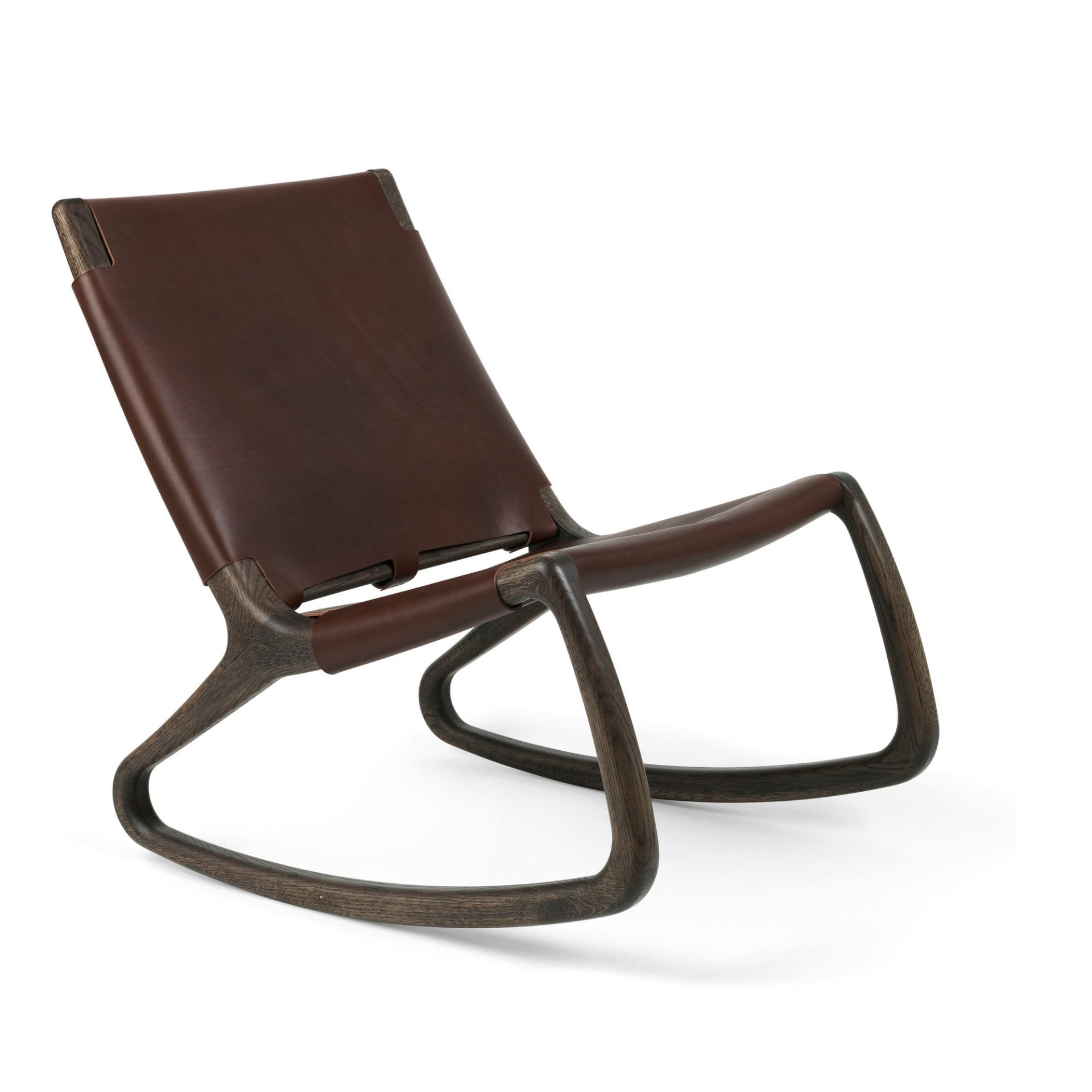 Brauner Rocker Schaukelstuhl mit Lederbezug und Holzrahmen, ideal zum Entspannen und Relaxen.