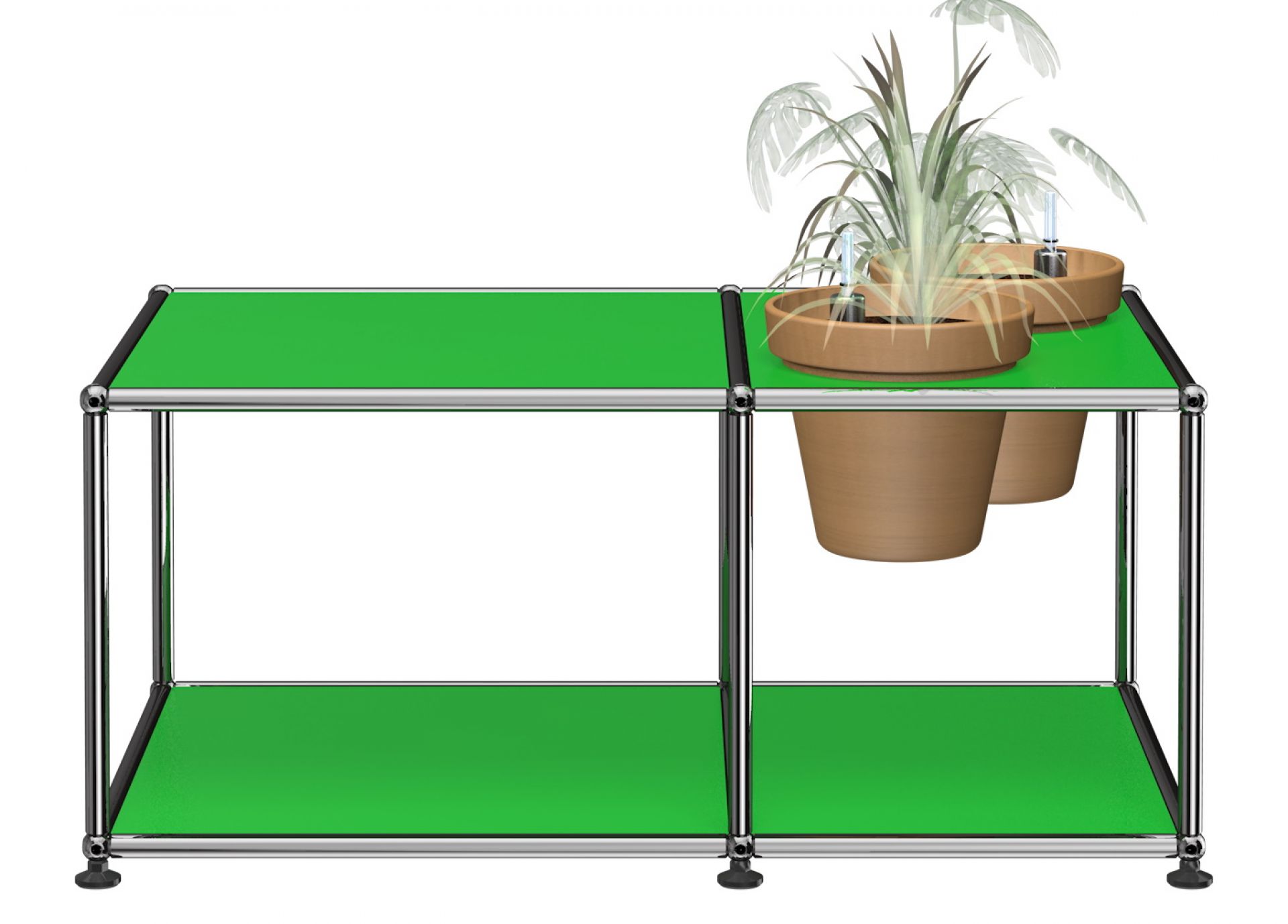 Grüner USM Haller Beistelltisch mit zwei Pflanzen in Töpfen auf der Oberfläche.