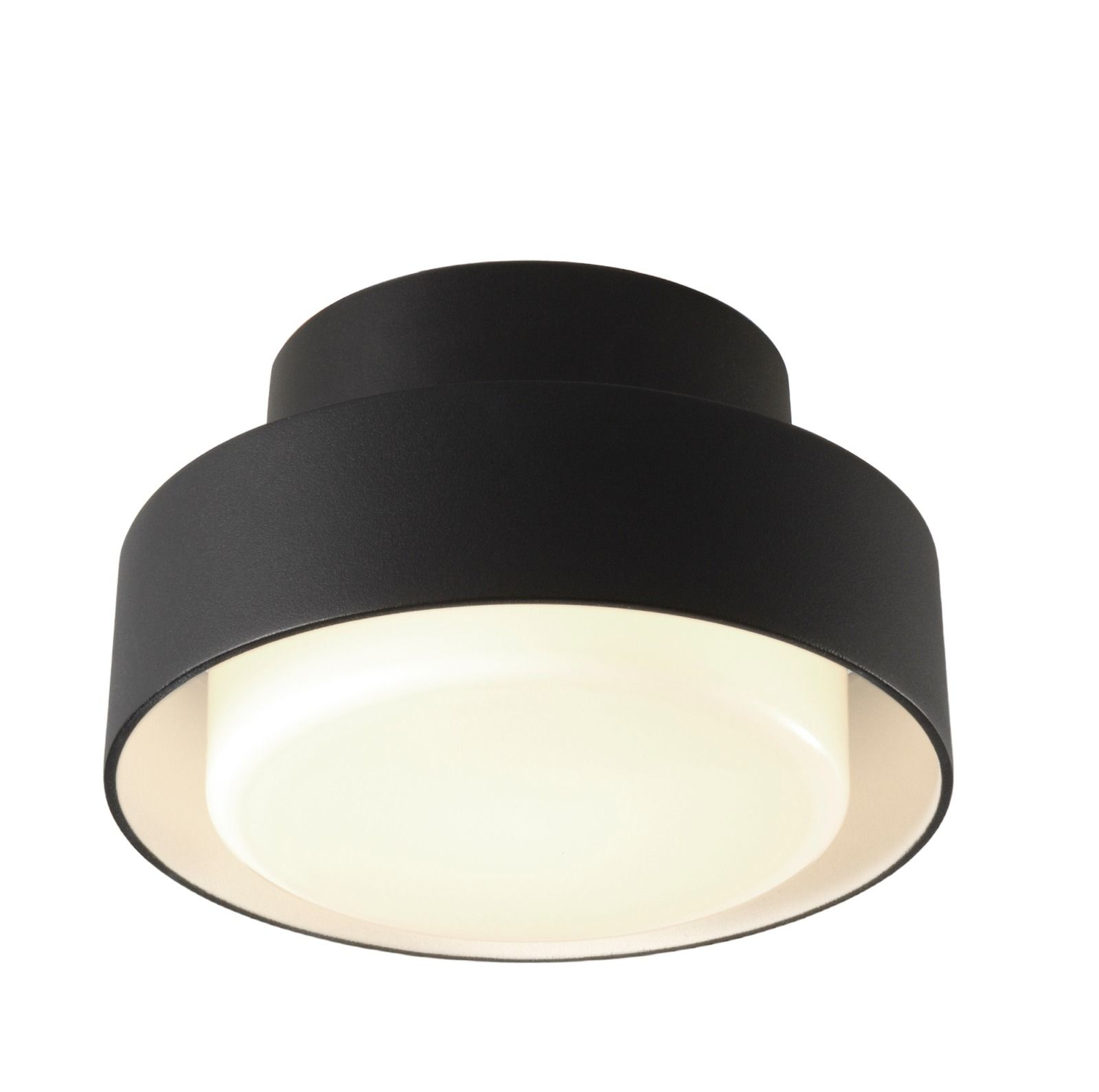 Schwarze Plaff-On! Wandleuchte/Deckenleuchte von Marset, geeignet für den Außenbereich, mit warmweißem Licht.