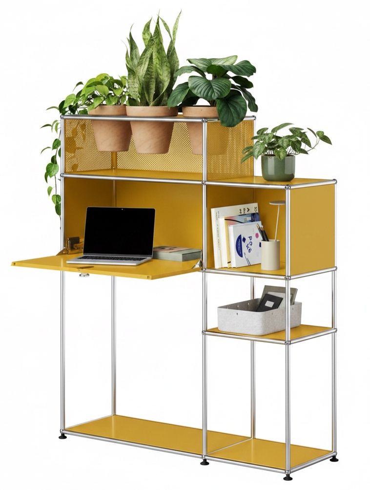 Home Office mit Pflanzenelement USM Haller Goldgelb