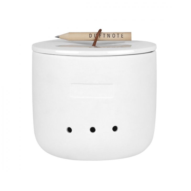 Weißer Duftnote Aufbewahrungstopf mit Rädern und Bleistift auf dem Deckel, Aromatherapie Zubehör.