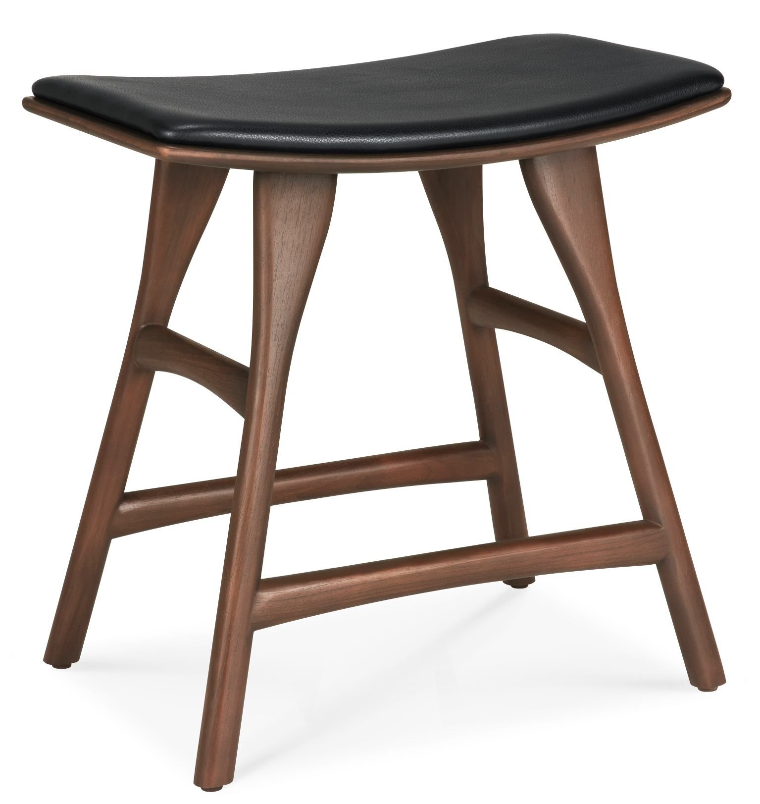 Osso Stool Hocker von Ethnicraft mit schwarzem Lederpolster und Holzbeinen. Moderner Sitzhocker.