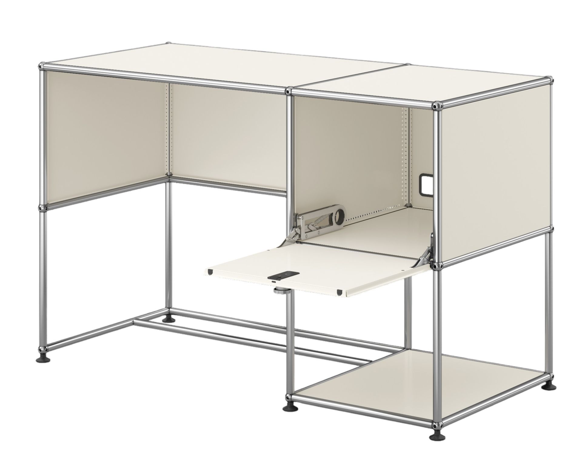USM Haller Schreibtisch reinweiss mit Ausziehtablar, modernes modulares Design für Büro und Homeoffice.