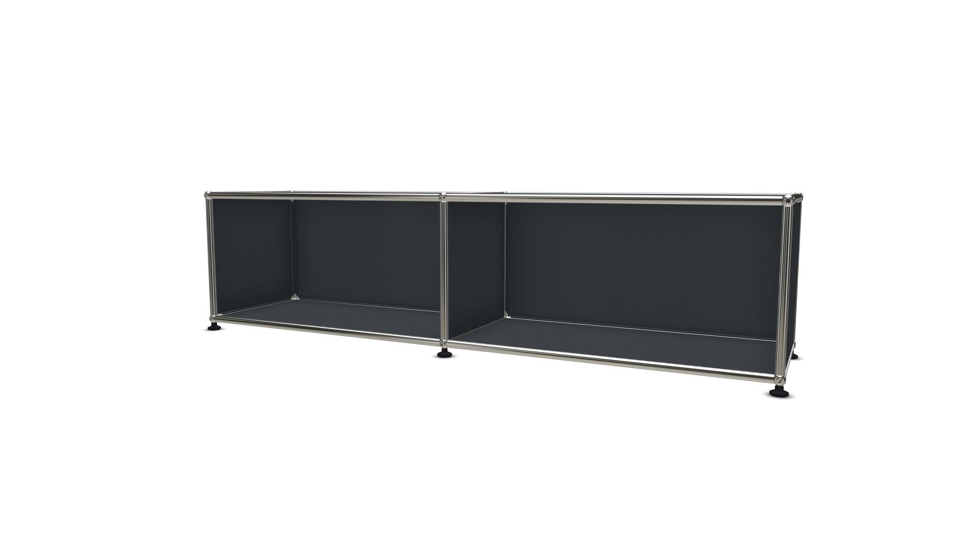USM Haller Lowboard in Anthrazit mit offenen Fächern, modernes modulares Möbelstück für Wohnzimmer und Büro.