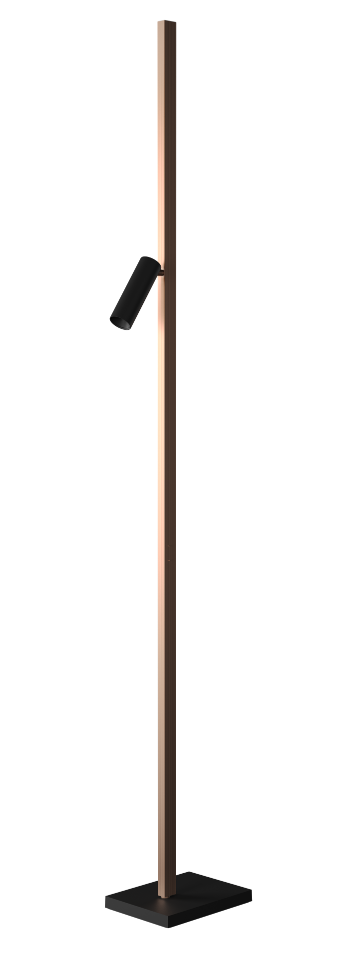 Zen X Stehleuchte: Moderne Stehleuchte in Stelenform mit schwarzem Spot und Holzoptik.