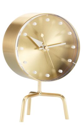 Goldene Tripod Clock Tischuhr von Vitra mit drei Beinen und weißem Ziffernblatt.