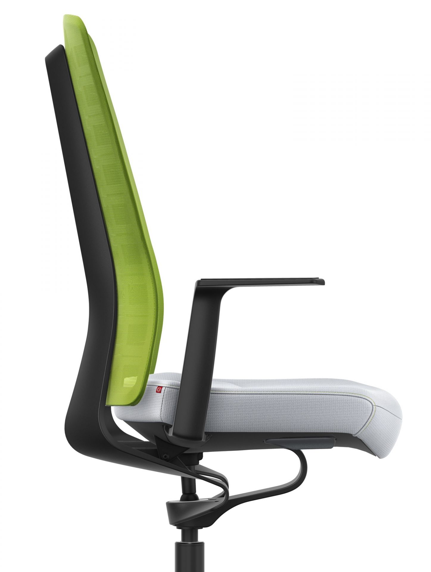 Interstuhl Bürostuhl Pure Edition, seitliche Ansicht: Grün-hellgrauer ergonomischer Drehstuhl für das Büro.