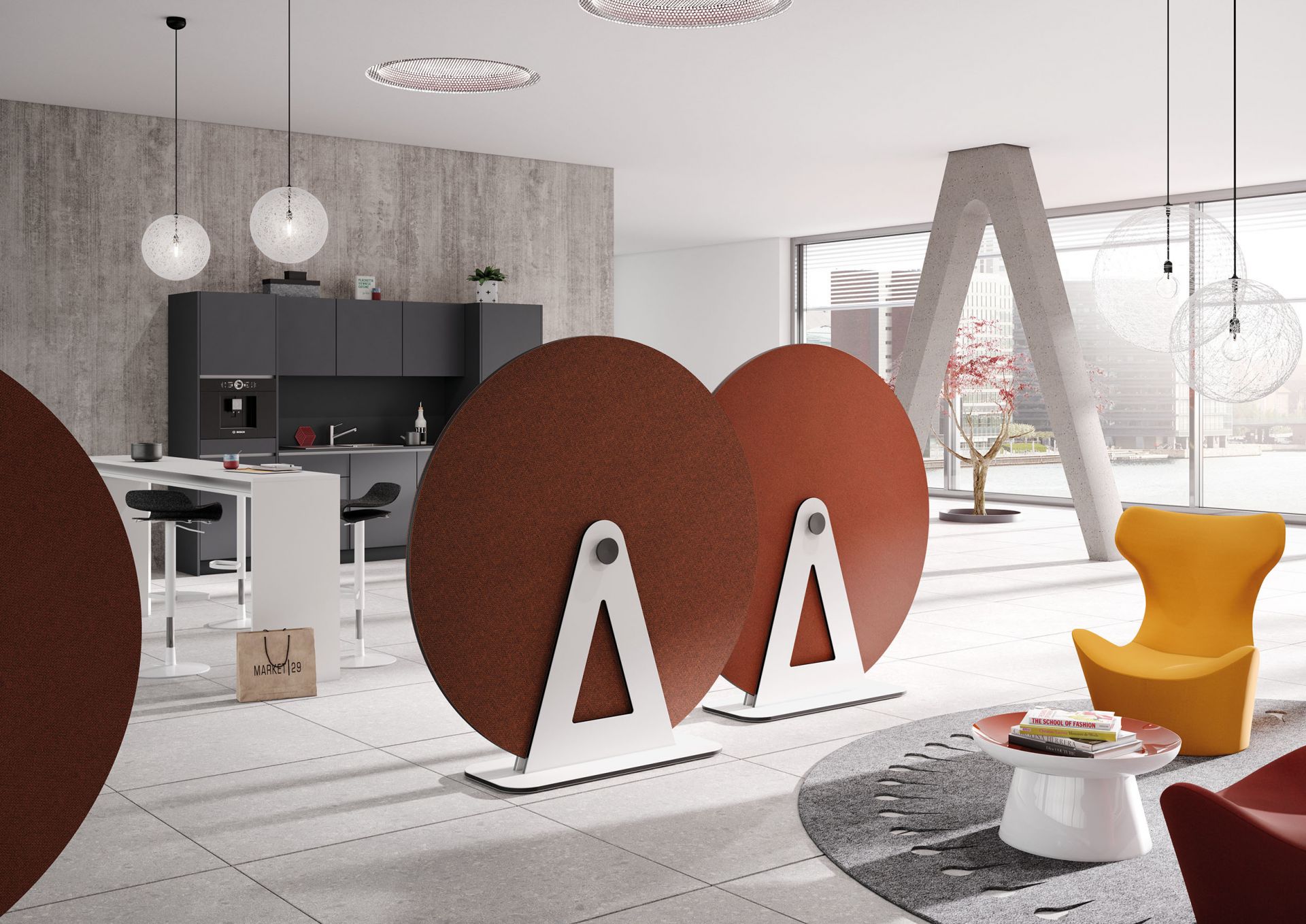 Akustik-Scheiben Terio Plus von Palmberg in modernem Büro, braune Schallabsorber mit weißem Dreiecksfuß.