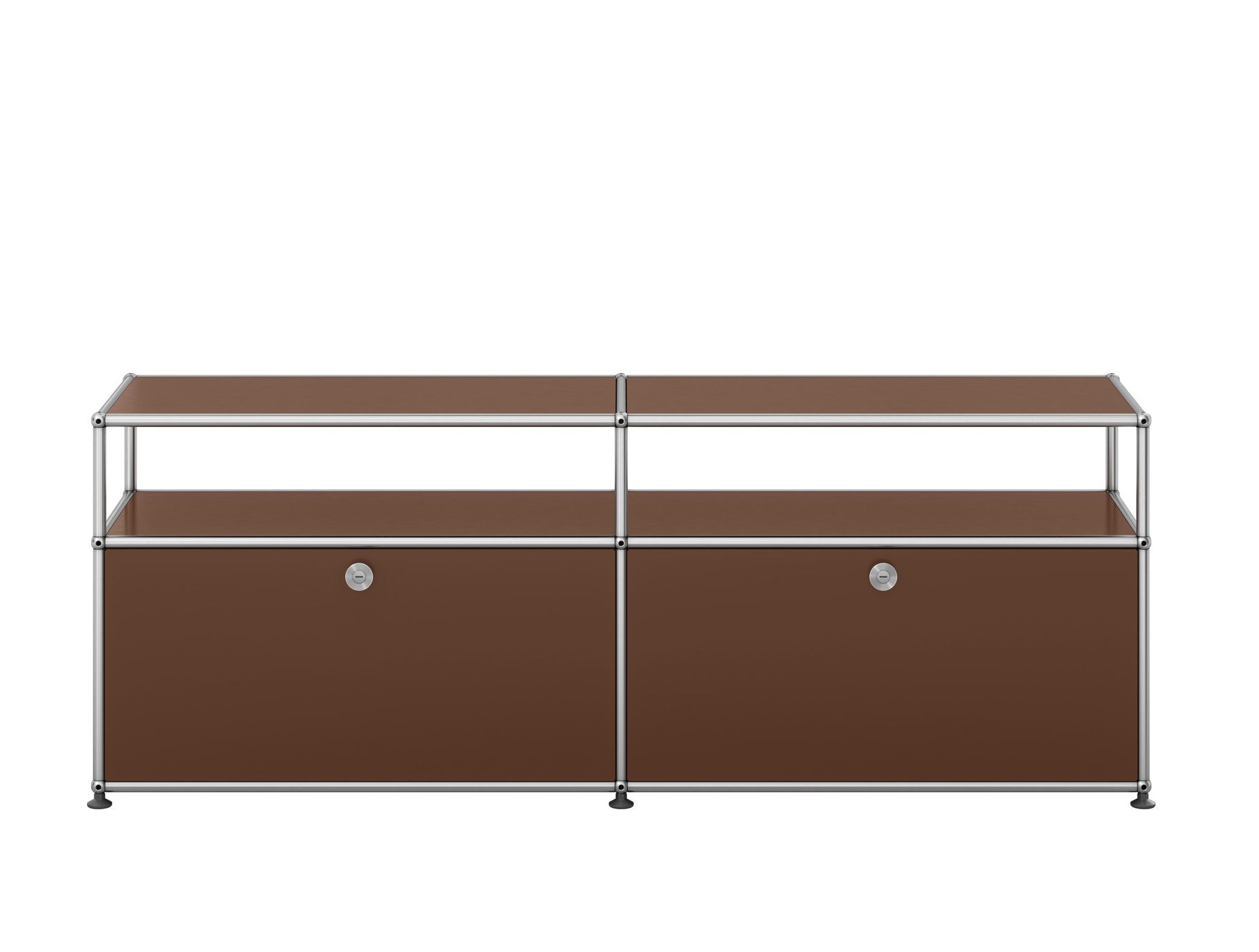 Braunes USM Haller Sideboard mit zwei Schubladen und offenen Fächern, ideal als TV-Möbel.