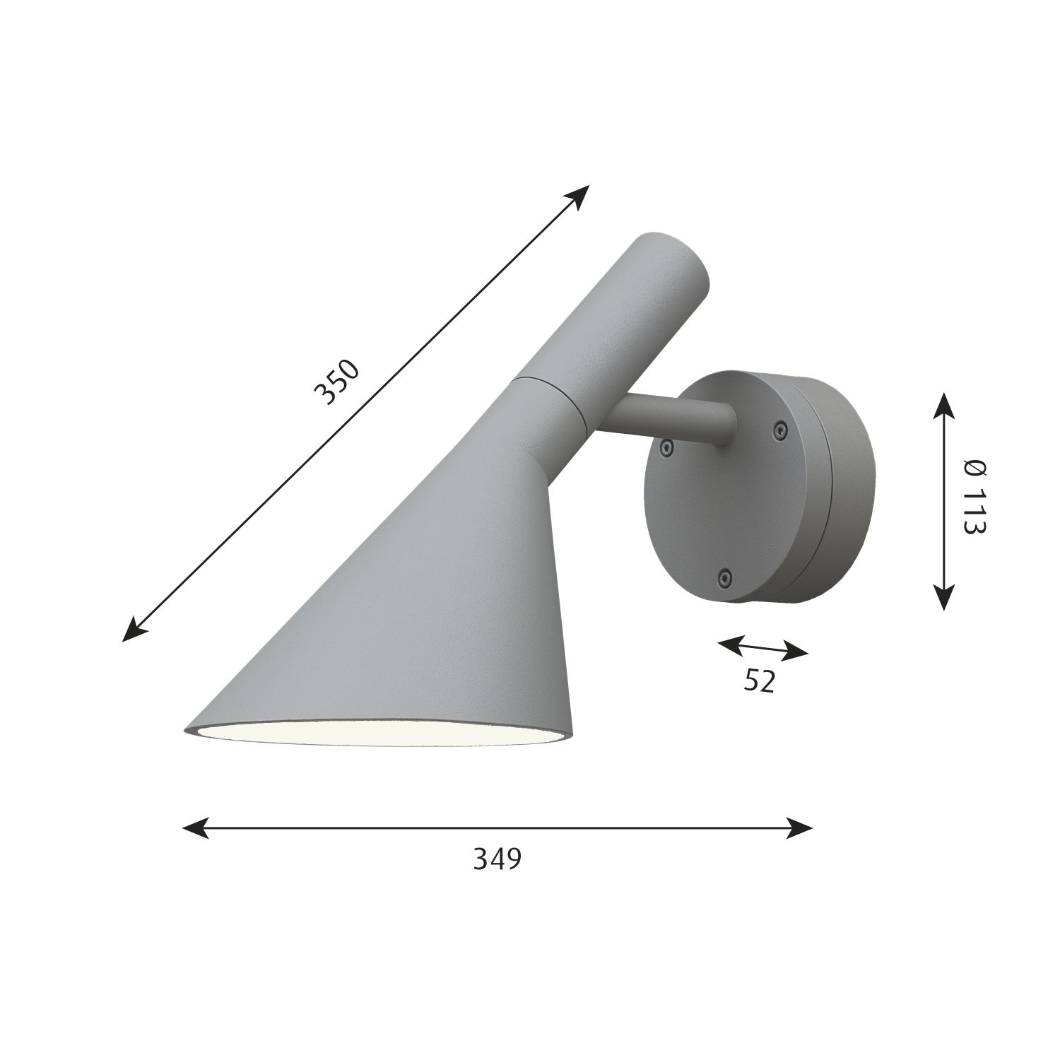 AJ 50 Wandleuchte von Louis Poulsen, Aluminium, technische Zeichnung mit Maßen für den Außenbereich.
