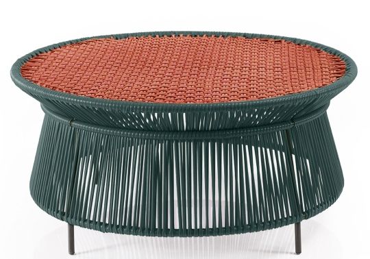 Caribe Chic Beistelltisch für Outdoor-Bereich in Moosgrün mit kupferfarbener Tischplatte. Gartentisch für Terrasse.