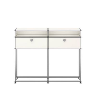 USM Haller Sideboard in Reinweiß mit zwei Schubladen und offenen Fächern, modernes Designmöbel.