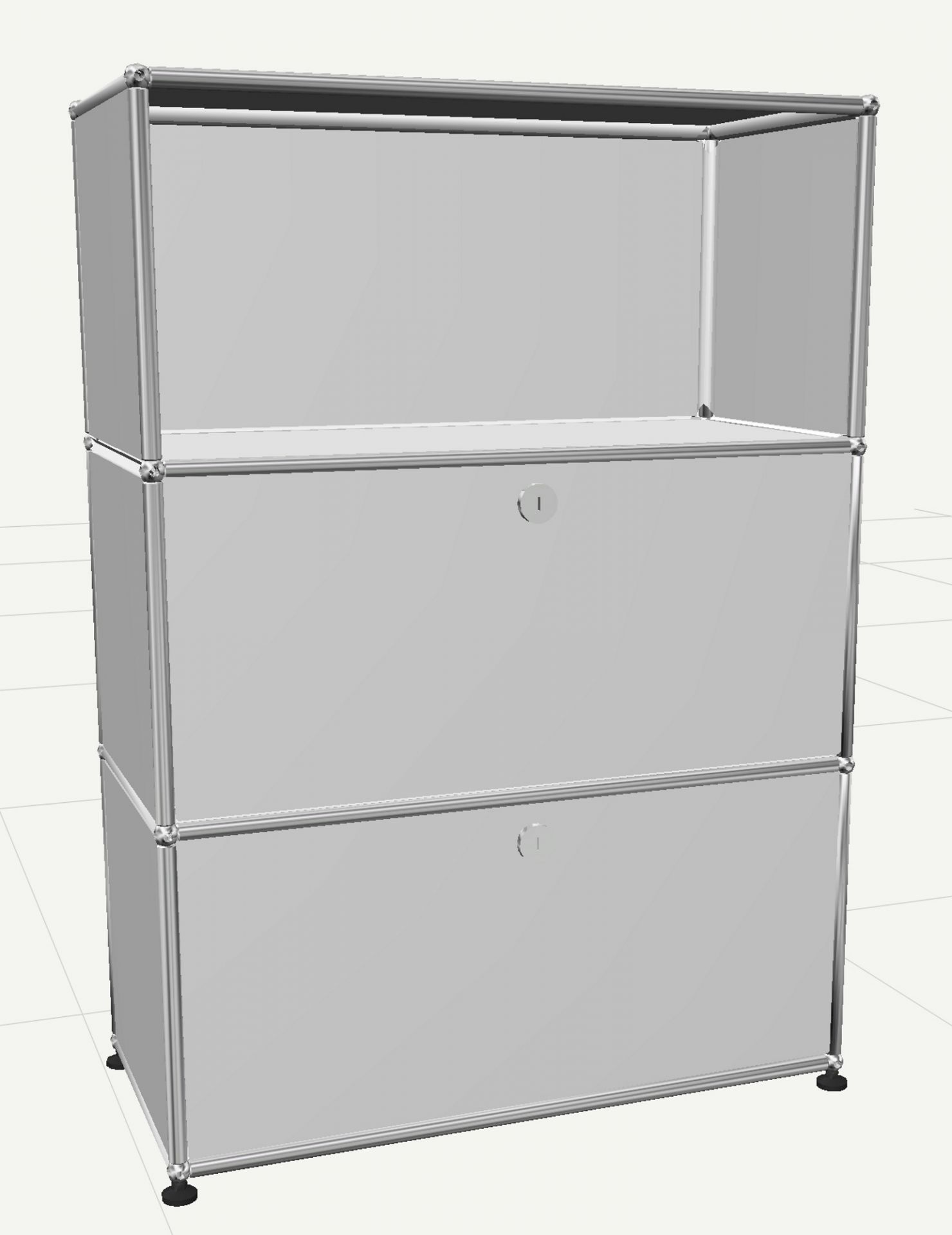 USM Haller Highboard in Reinweiß mit zwei Klappen und einem offenen Fach, modernes Designmöbel.