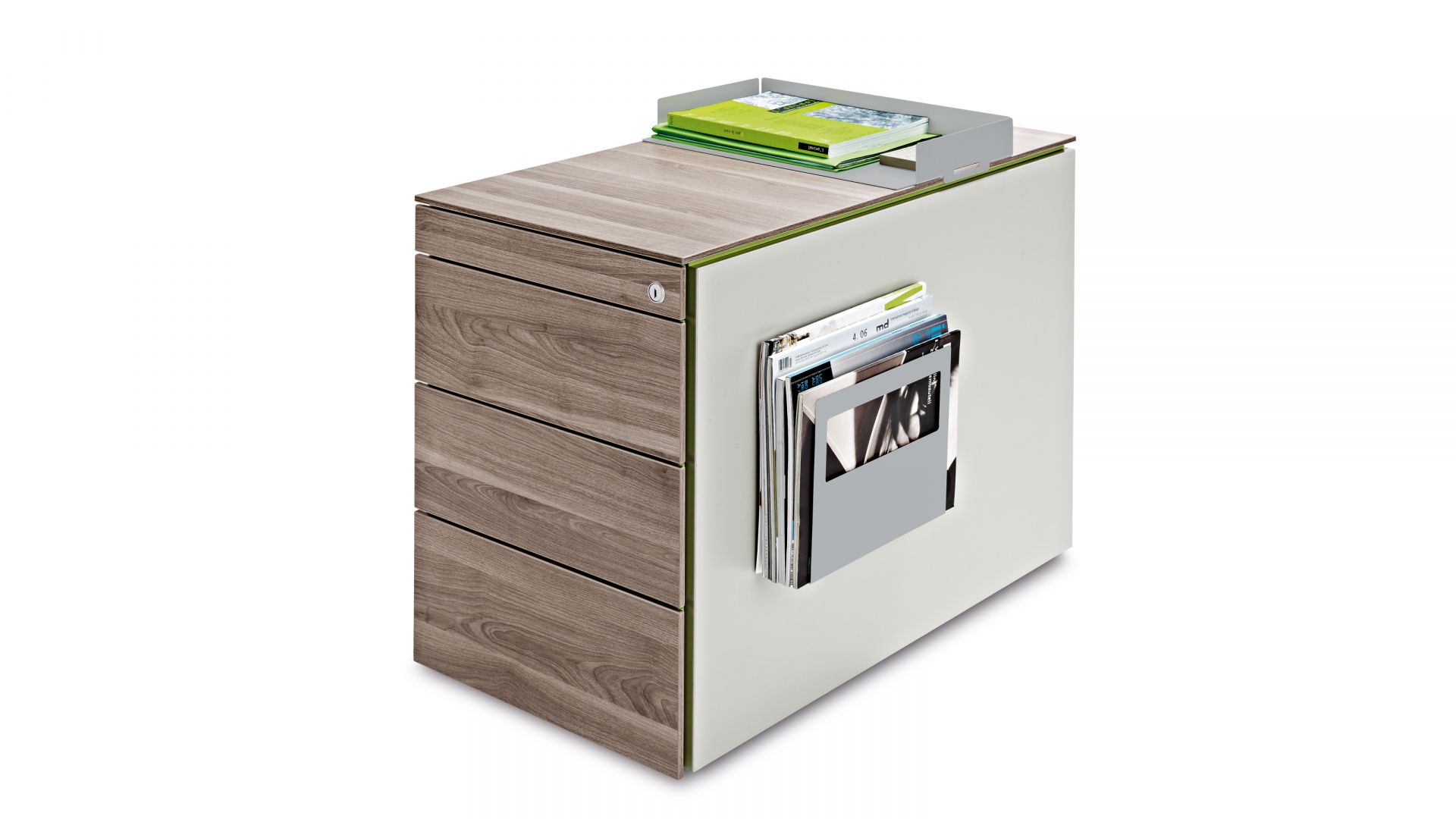 Steelcase Implicit Rollcontainer mit Holzfront, weißer Seite und Zeitschriftenhalter. Büro Rollcontainer für mehr Stauraum.
