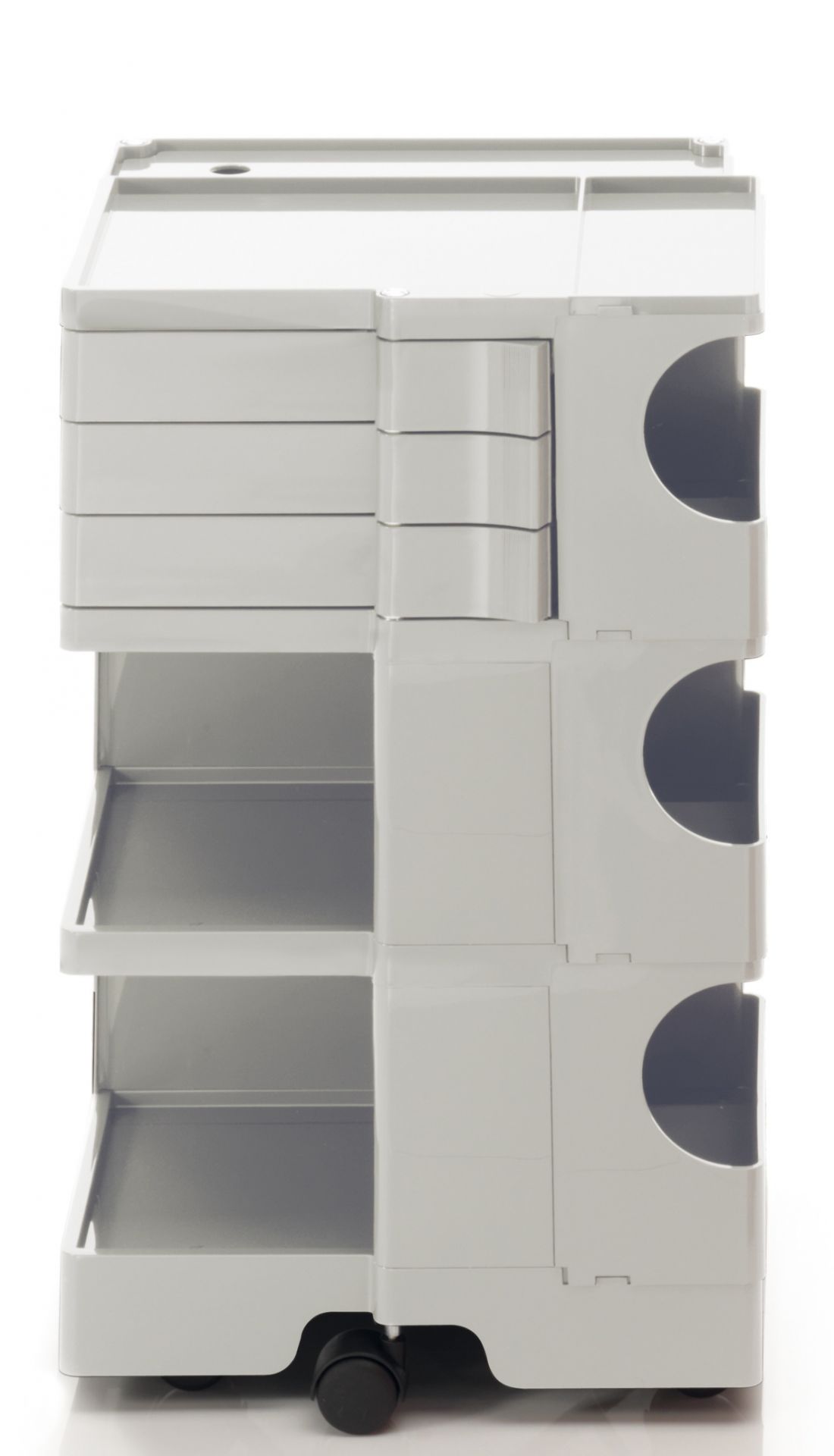 Grauer Boby Rollcontainer mit Schubladen, Ablagefächern und Rollen für Büro oder Werkstatt.