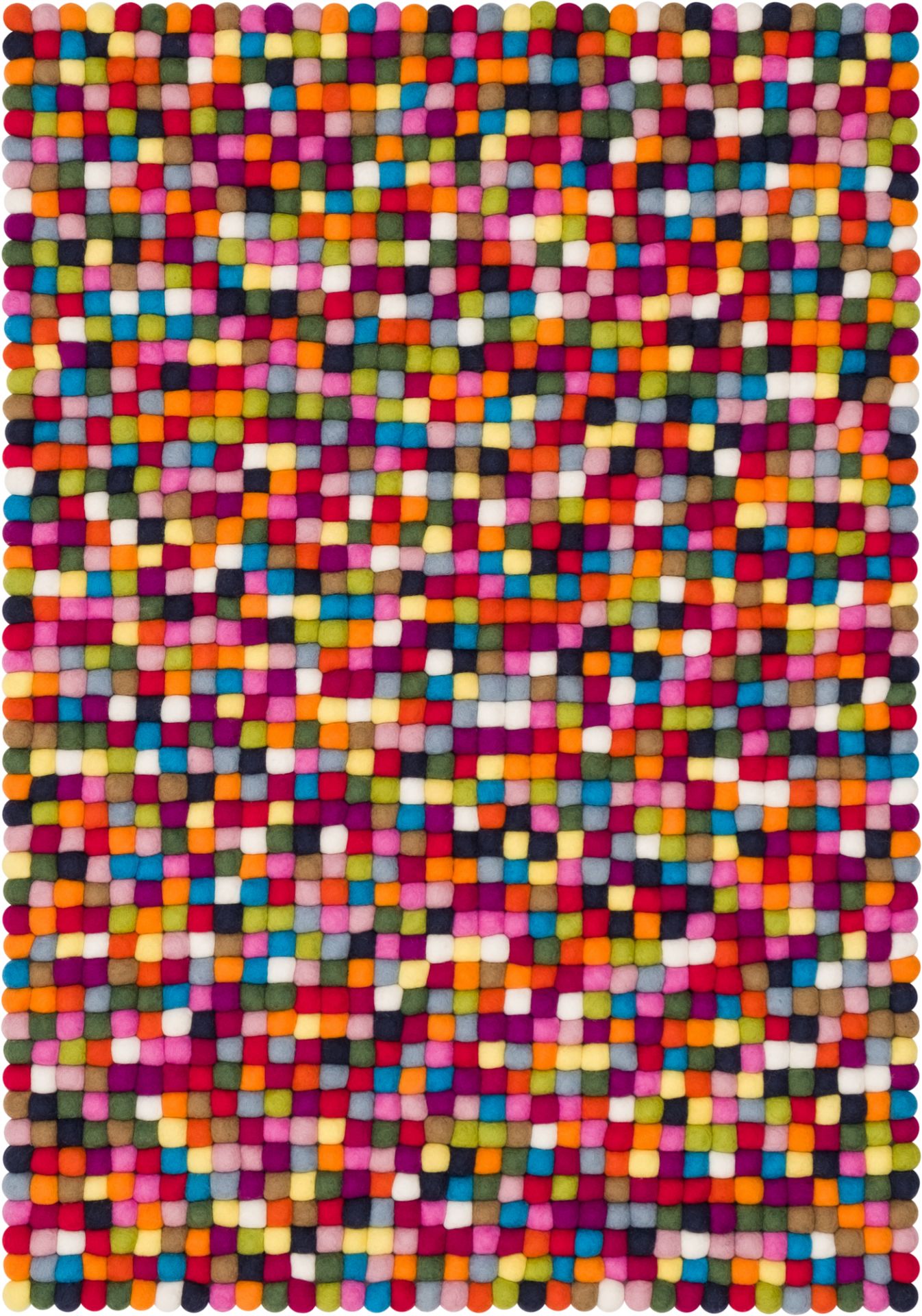 Bunter Filzkugel Teppich, 140x200 cm, handgefertigt aus reiner Wolle. Myfelt Teppich mit farbenfrohen Filzkugeln.