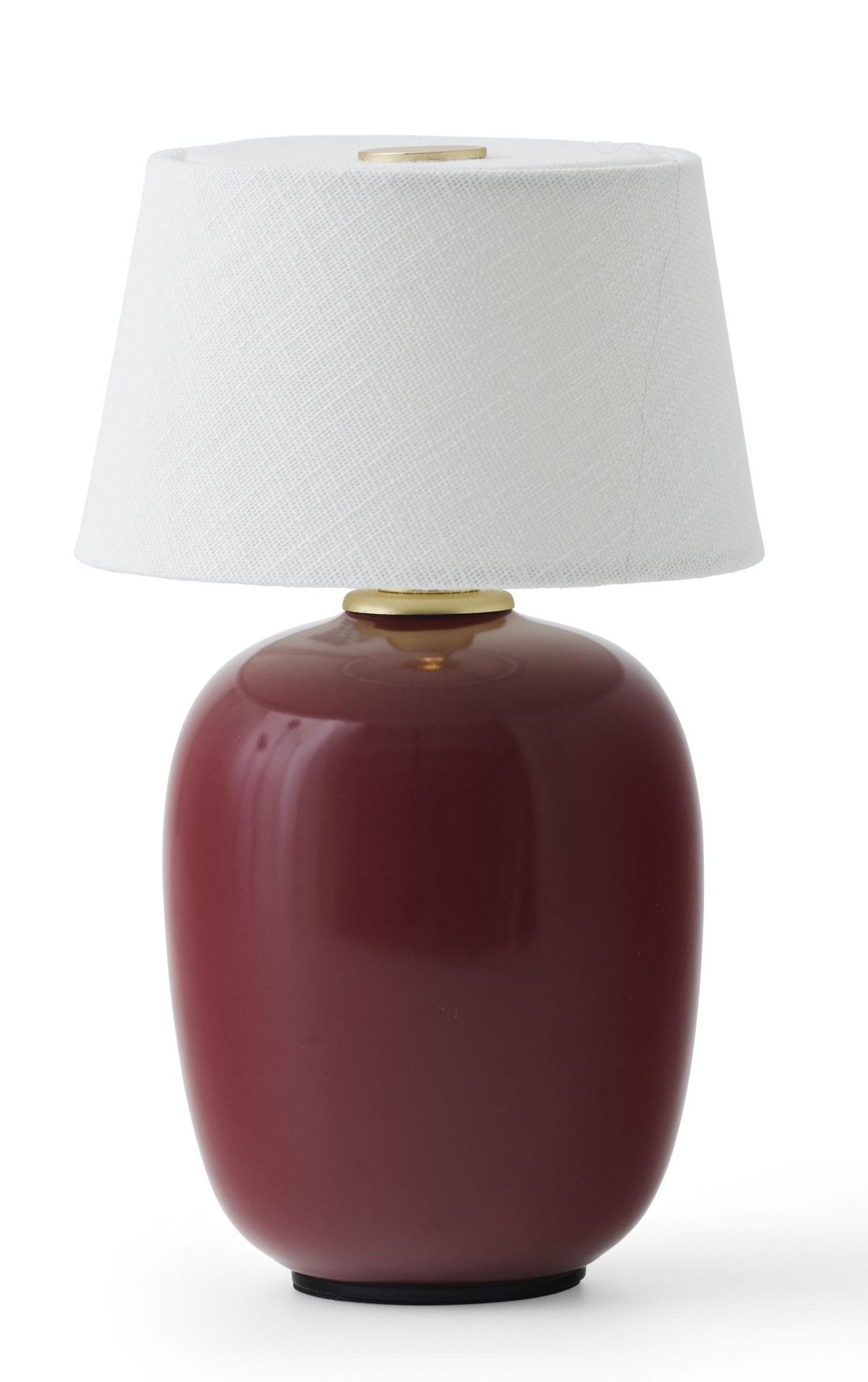 Audo Torso Tischleuchte in Rubinrot mit weißem Lampenschirm, eine tragbare Akku-Leuchte.
