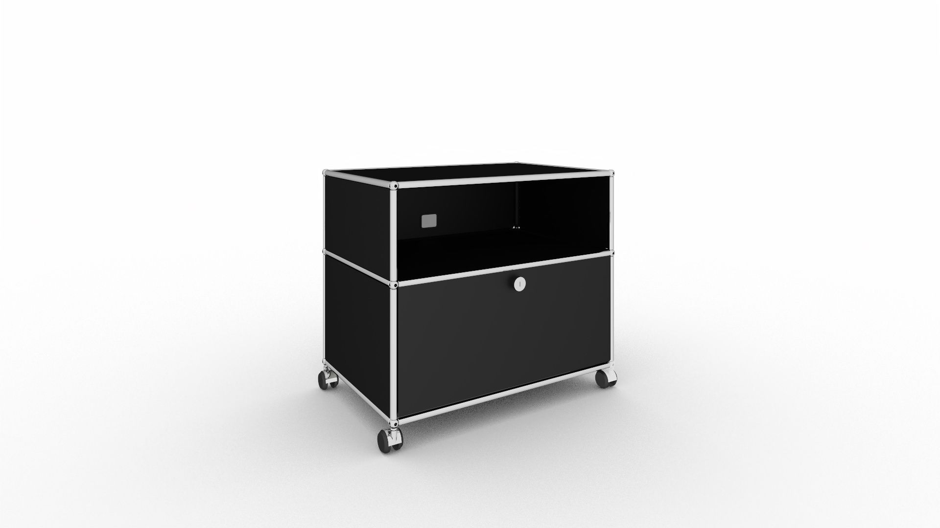 Schwarzes USM Haller TV Möbel mit Rollen, bestehend aus offenem Fach und Schublade, modernes Design.
