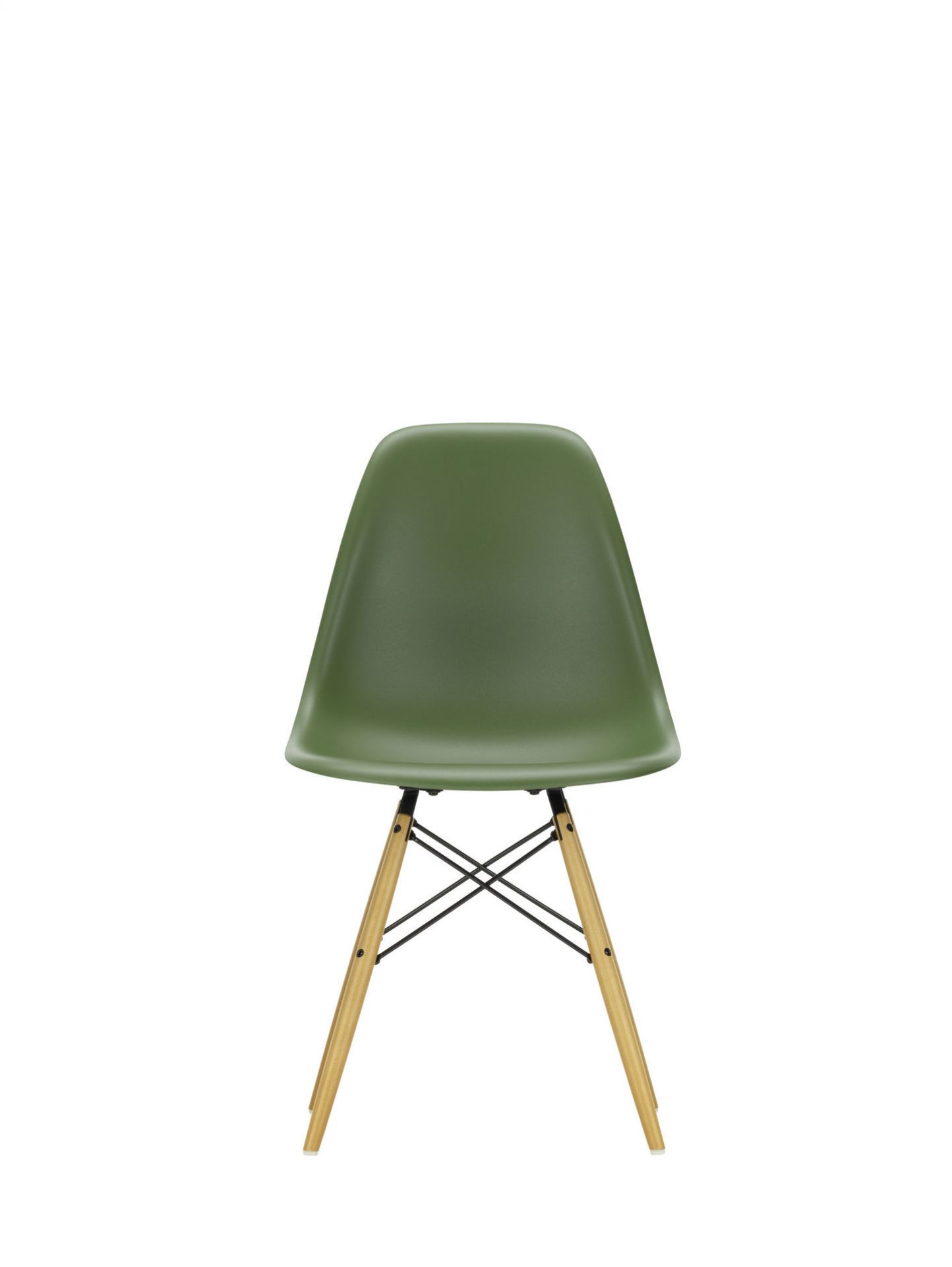Eames Stuhl mit Ahorn-Gestell und eisgrauer Sitzschale von Vitra, Ansicht von vorne.