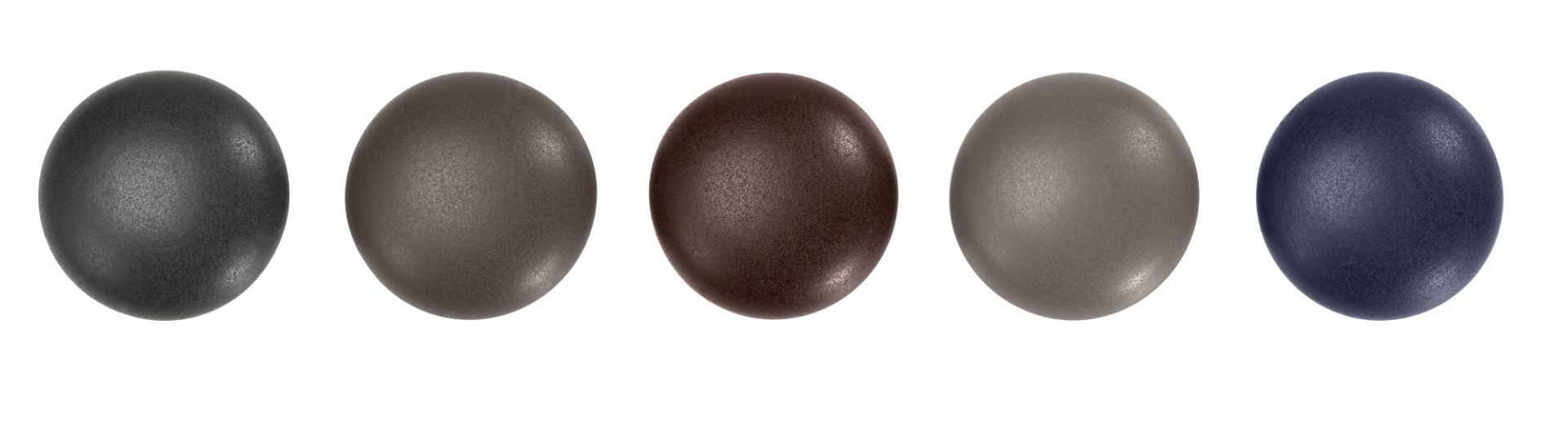 Fünf Magnet Dots in dunklen Farben: Anthrazit, Braun, Grau und Blau. Magnethalter für Büro und Zuhause.