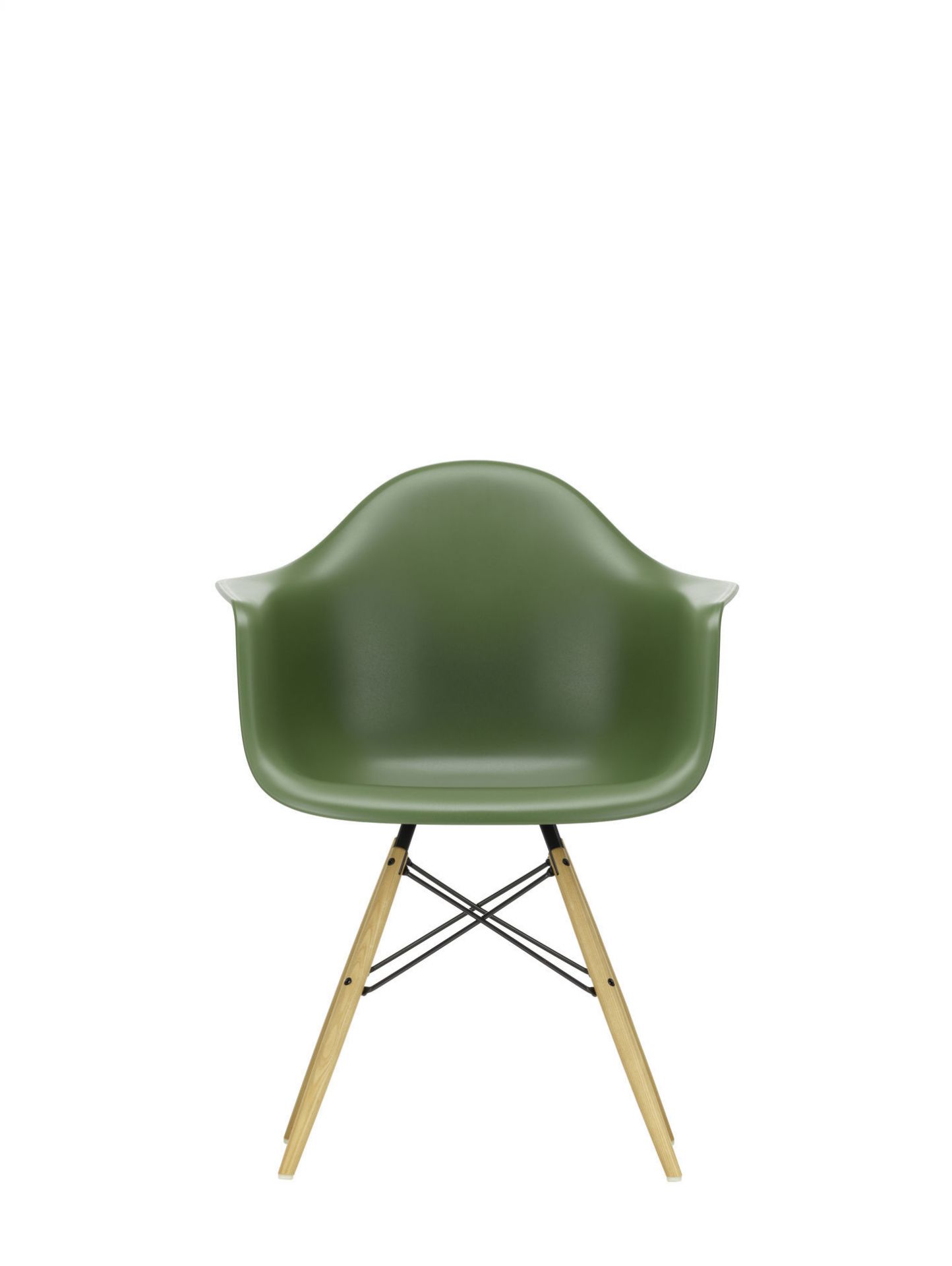 Grüner Eames Plastic Arm Chair DAW Stuhl mit Esche-Holzbeinen, Frontansicht. Designklassiker von Vitra.
