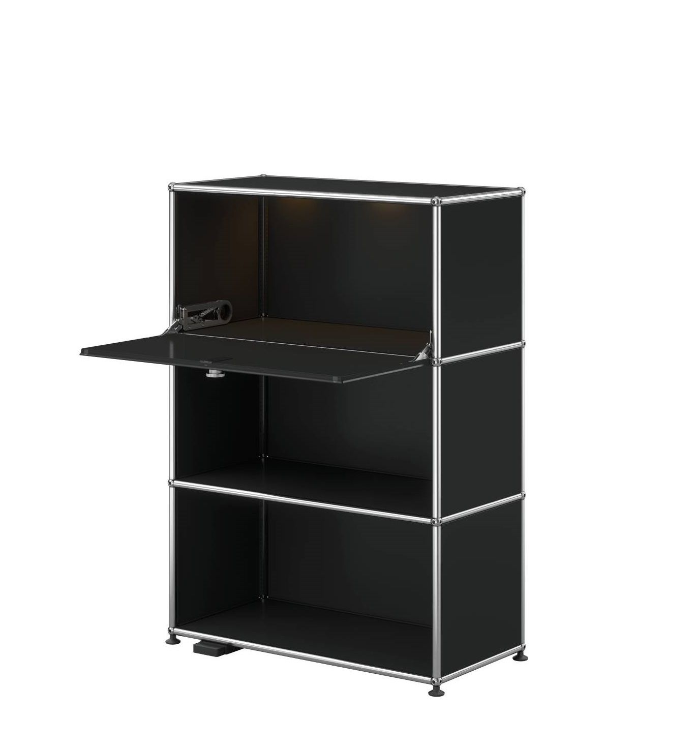 Schwarzes USM Haller Regal mit geöffnetem Sekretär-Element, modulare Büromöbel und Wohnregale.