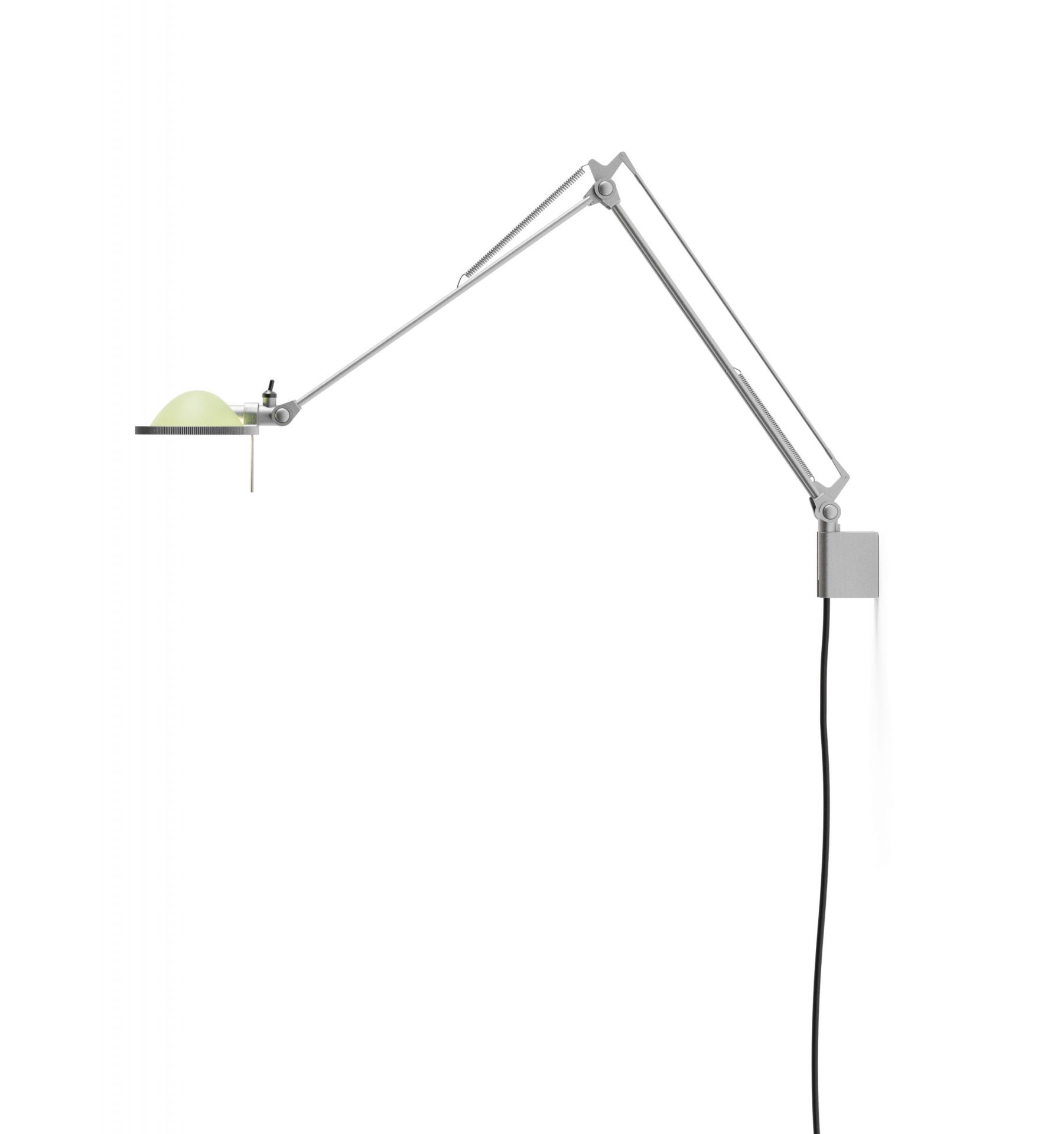 Wandleuchte Berenice von Luceplan mit salbeigrünem Glasreflektor und flexiblem Arm für optimale Beleuchtung.