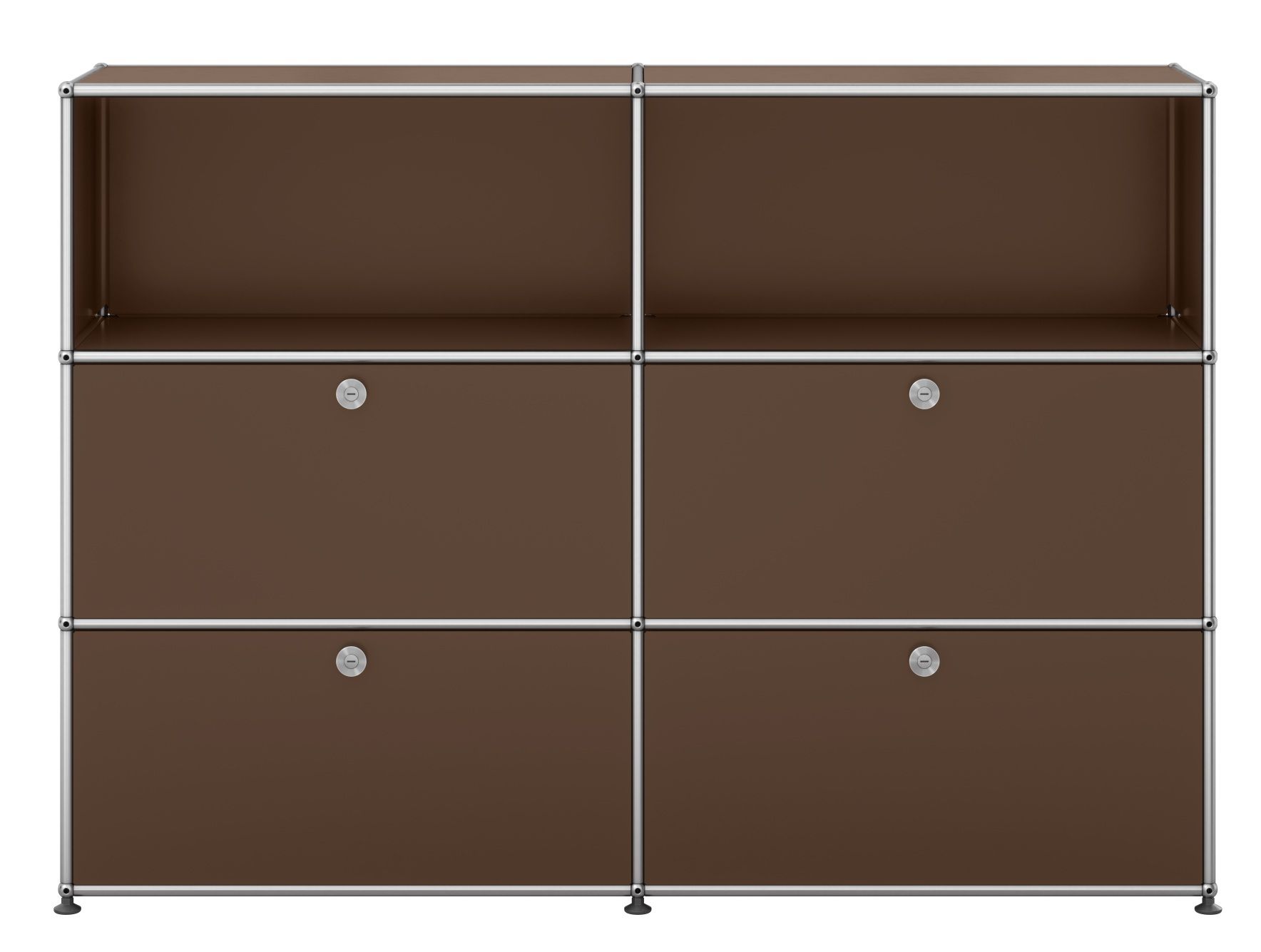 USM Haller Sideboard in Braun mit vier Klappen, modernes modulares Möbeldesign für stilvolle Wohnräume.