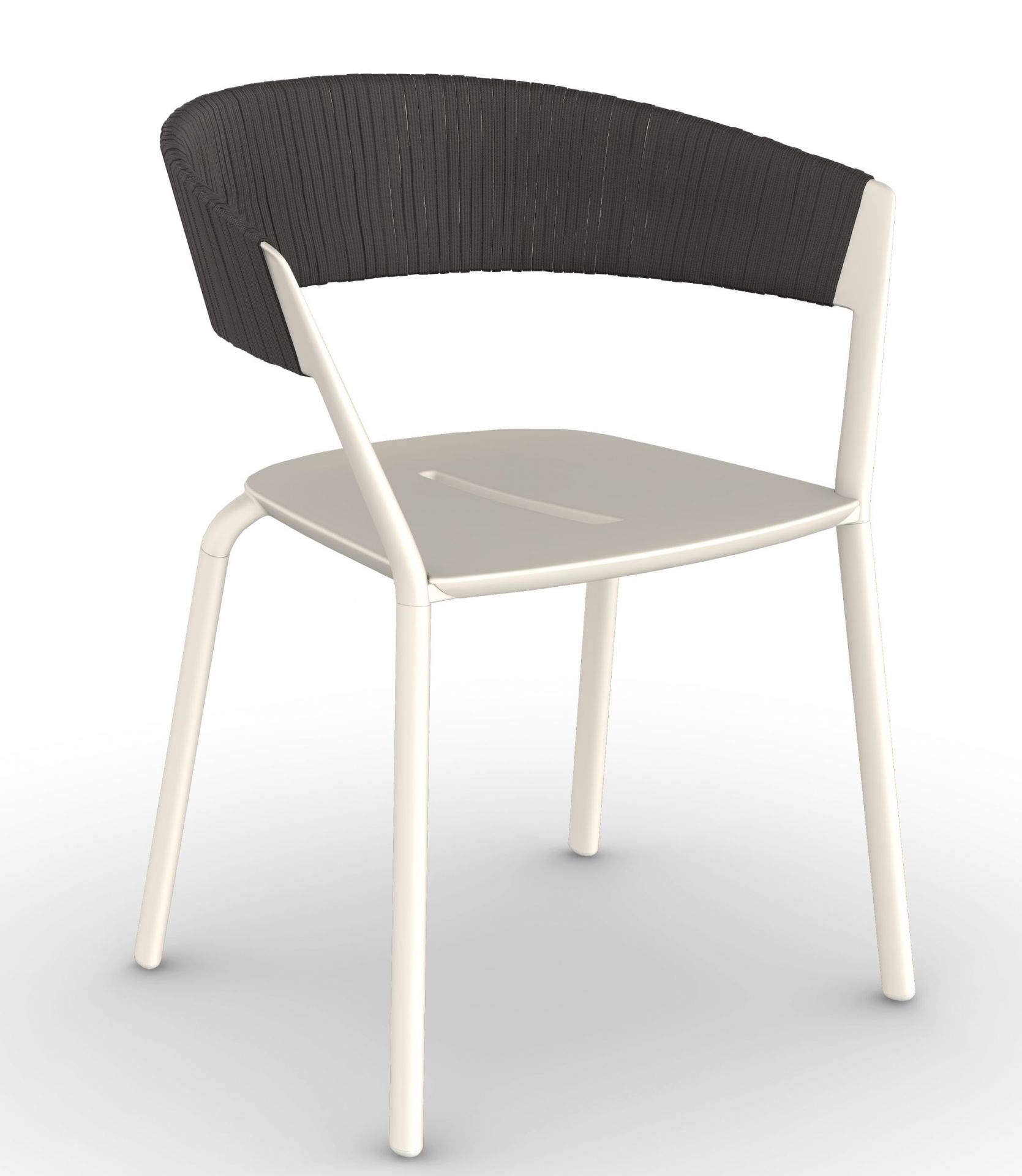 Moderner Ria Stuhl mit Armlehne, weißem Gestell und geflochtener Rückenlehne in Anthrazit. Design Stuhl für Esszimmer.